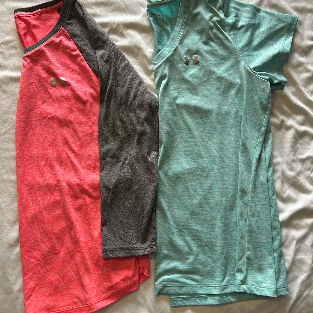 Lot of 2 -Under Armour Coral (3/4 sleeve) and Aqua T-Shirts